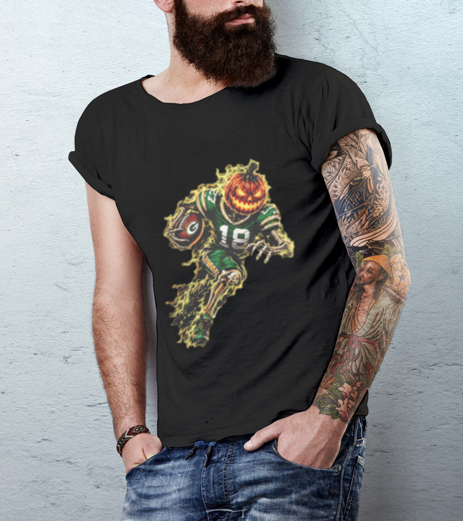 Green Bay Packers Halloween Pumpkin Head Skeleton Football Player Running T-Shirt