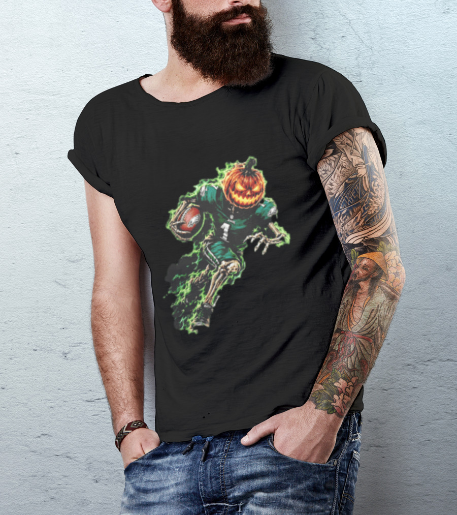 Philadelphia Eagles Pumpkin Head Skeleton Player Green Flames Football T-Shirt