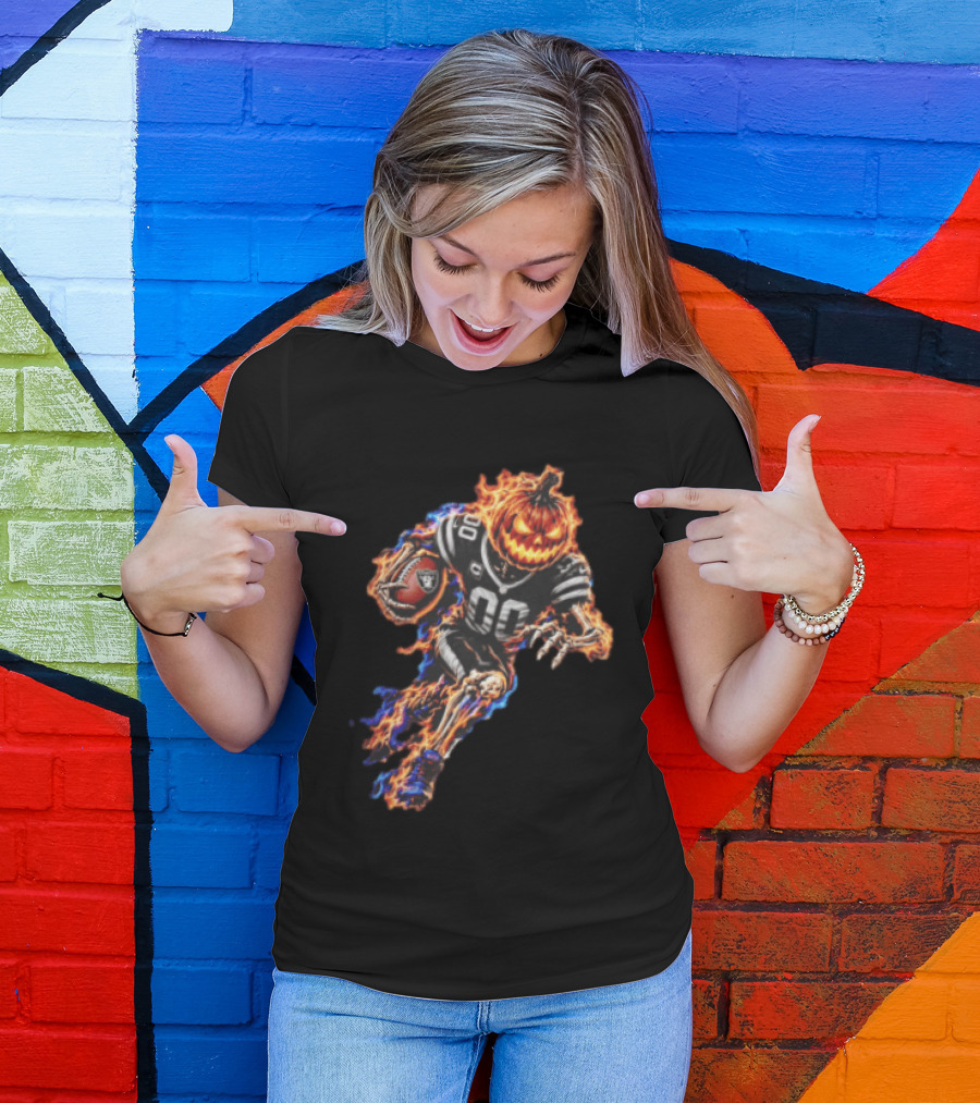 Las Vegas Raiders Flaming Pumpkin Skeleton Football Player Halloween T-Shirt