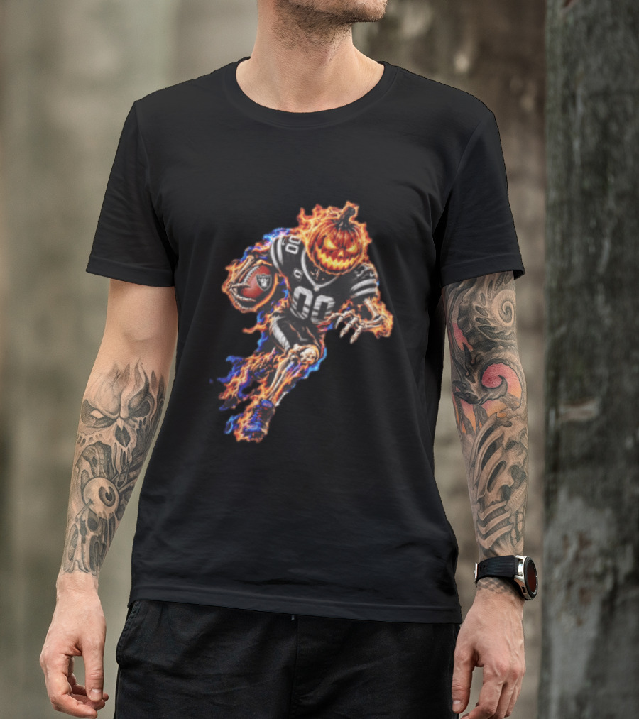 Las Vegas Raiders Flaming Pumpkin Skeleton Football Player Halloween T-Shirt