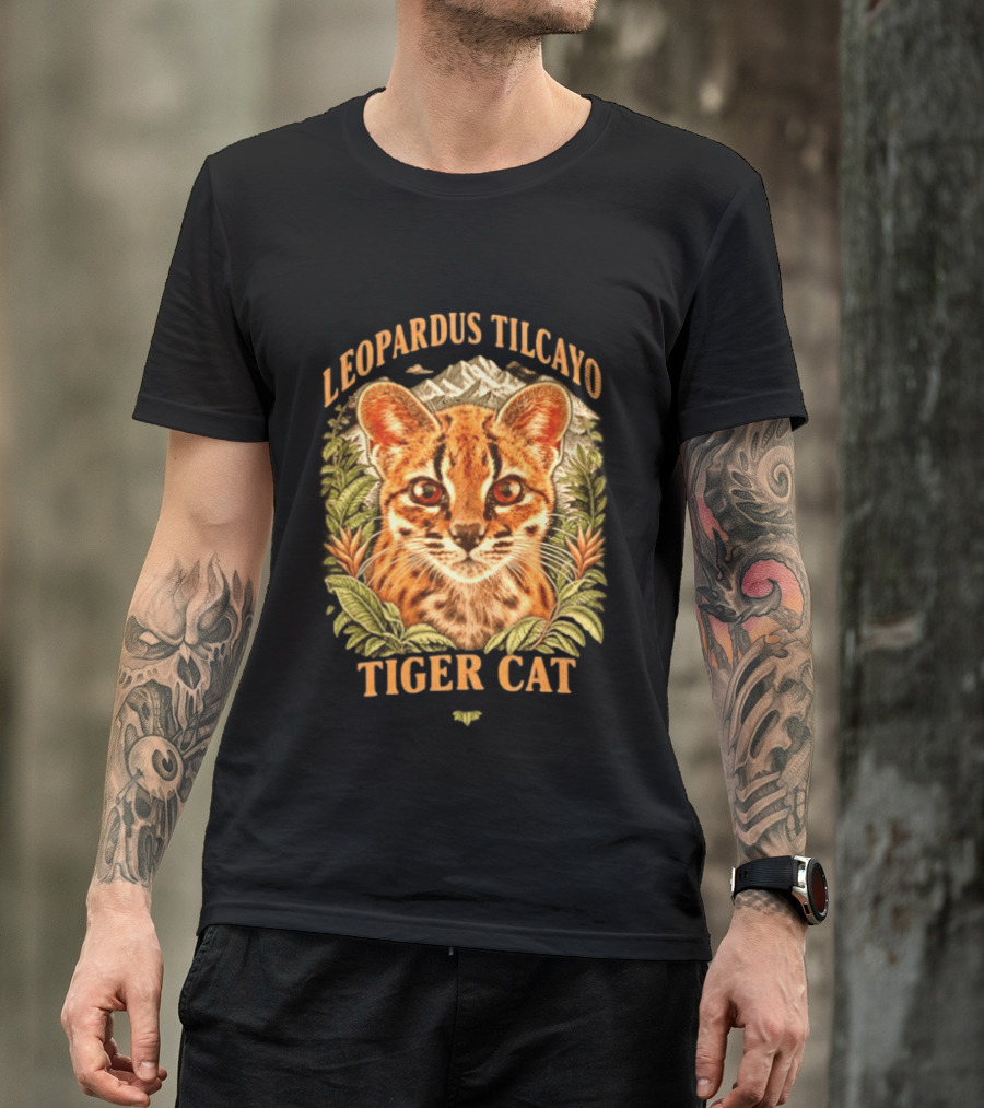 Leopardus Tilcayo Tiger Cat Wildlife Art With Foliage And Mountain T-Shirt