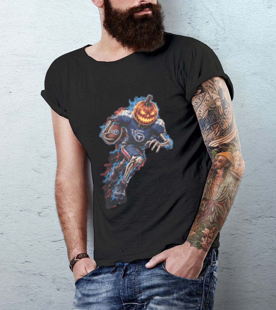 Tennessee Titans Pumpkin Head Skeleton Football Player Blue Flames Halloween NFL T-Shirt