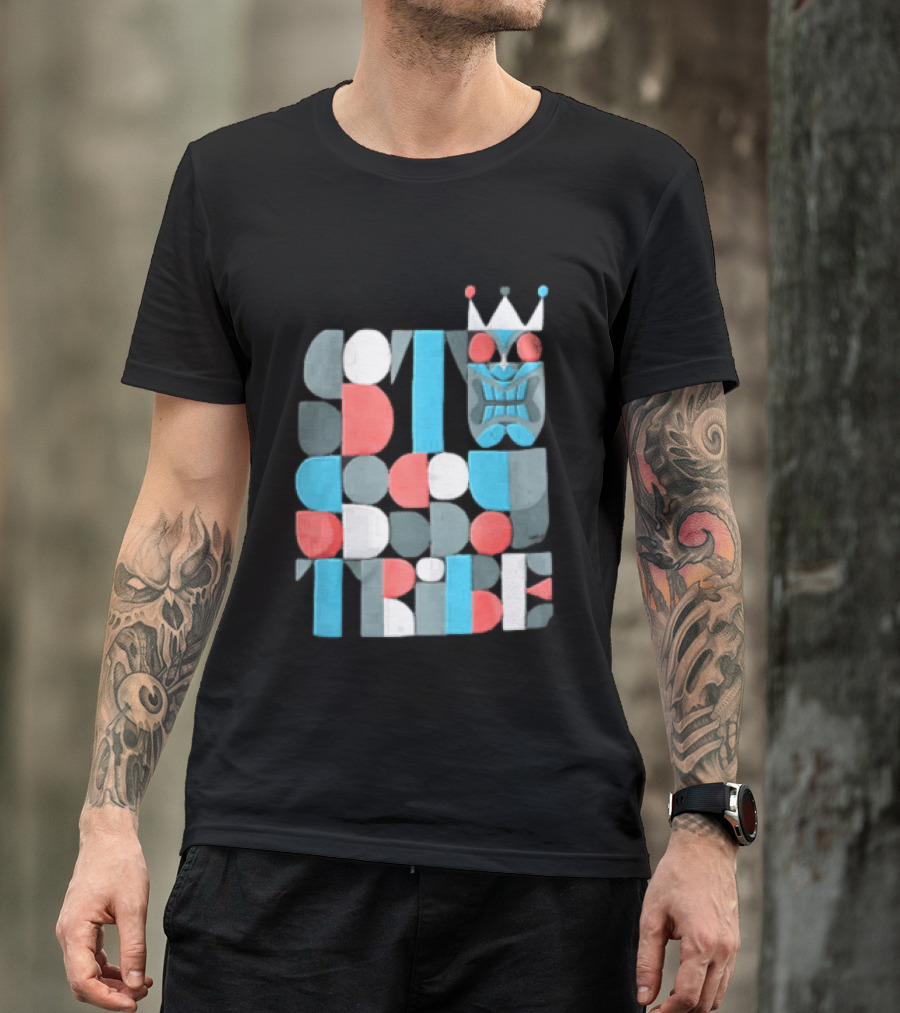 Tribe Crowned Tiki Mask Geometric Color Block T-Shirt