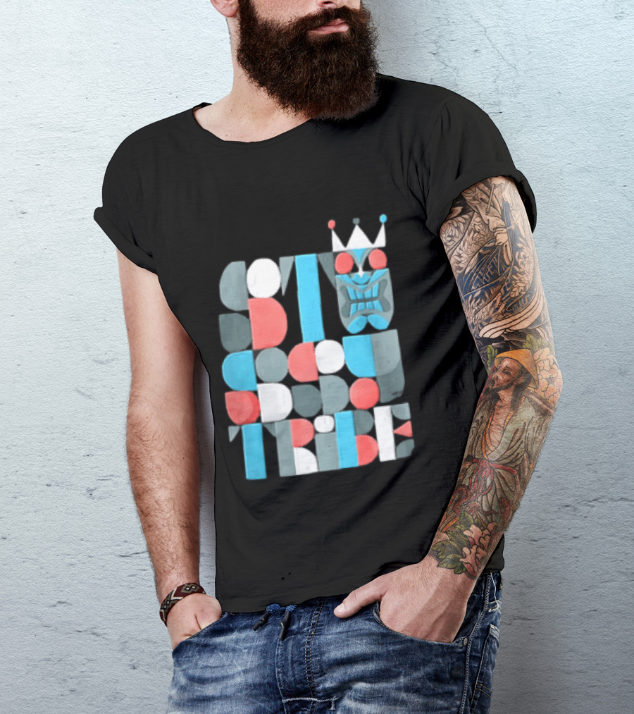Tribe Crowned Tiki Mask Geometric Color Block T-Shirt