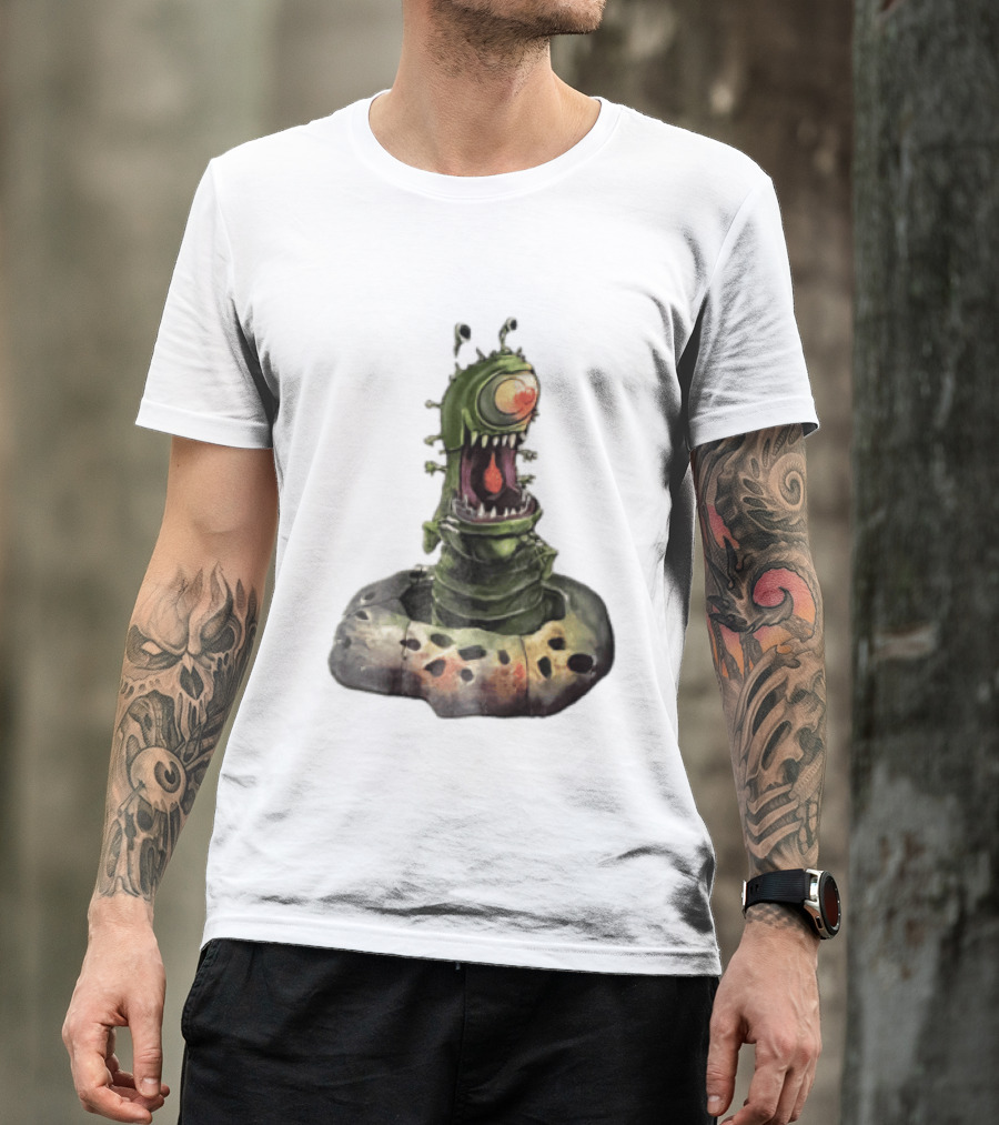 Cartoon Monstrous One Eyed Green Creature Emerging From Ground Hole T-Shirt