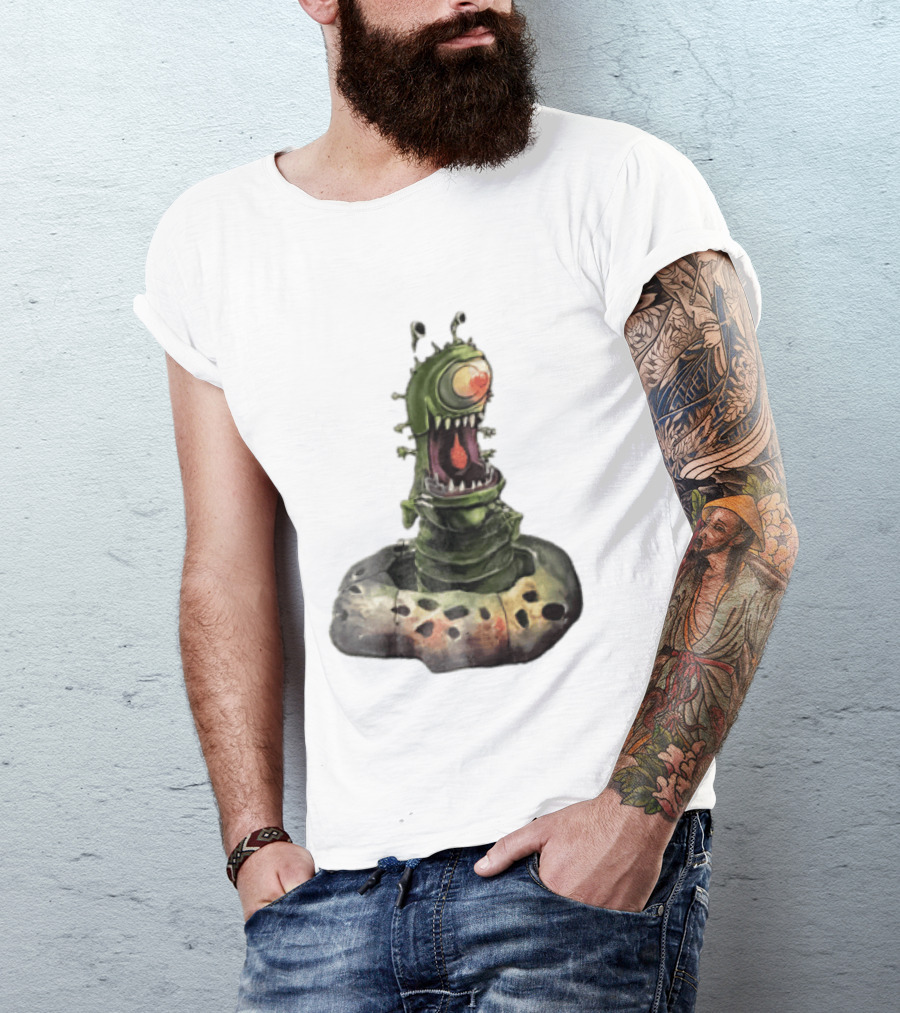 Cartoon Monstrous One Eyed Green Creature Emerging From Ground Hole T-Shirt