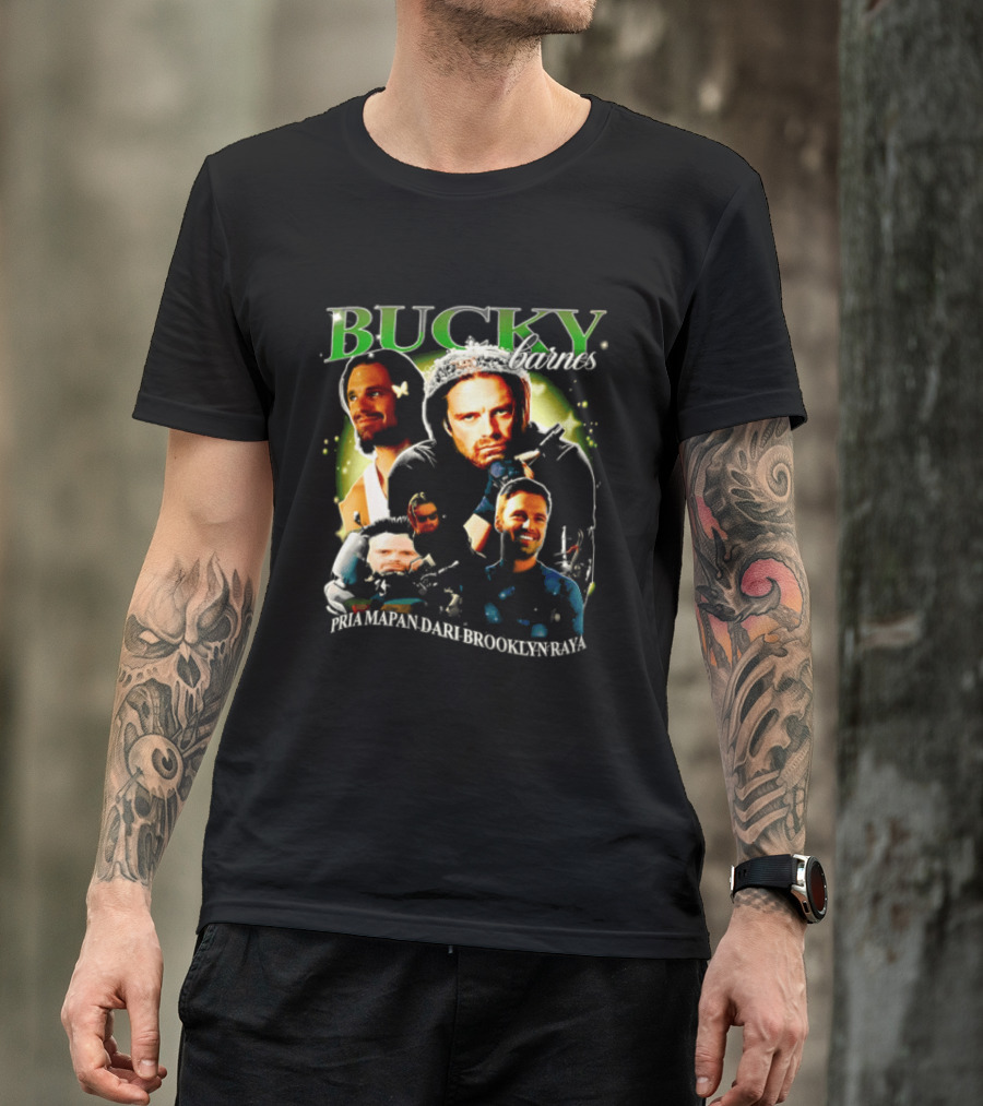 Bucky Barnes Sebastian Stan Pria Mapan Dari Brooklyn Raya Multiple Photos Crown Marvel T-Shirt