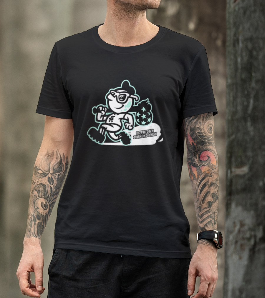 Downtown Diamond Dash Baseball Cartoon Character Running Carrying Star Bag T-Shirt