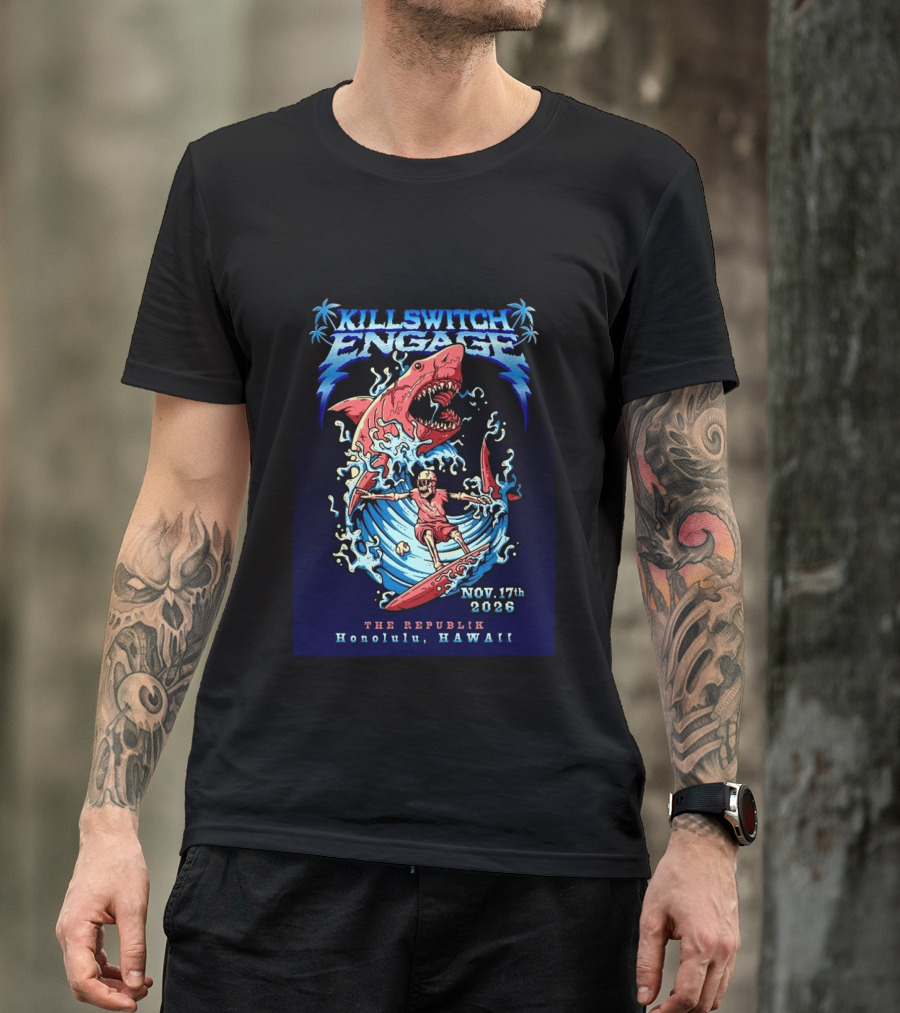 Killswitch Engage Honolulu Hawaii 2026 Event With Shark And Skeleton Surfing At The Republik November 17 T-Shirt