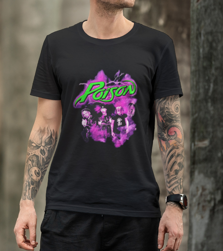 Poison Band Members Graphic With Neon Green Logo And Purple Aura T-Shirt