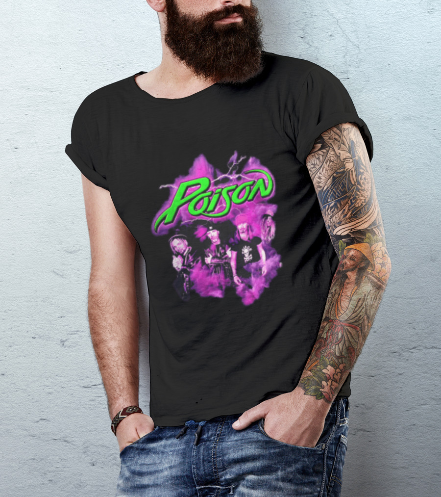 Poison Band Members Graphic With Neon Green Logo And Purple Aura T-Shirt