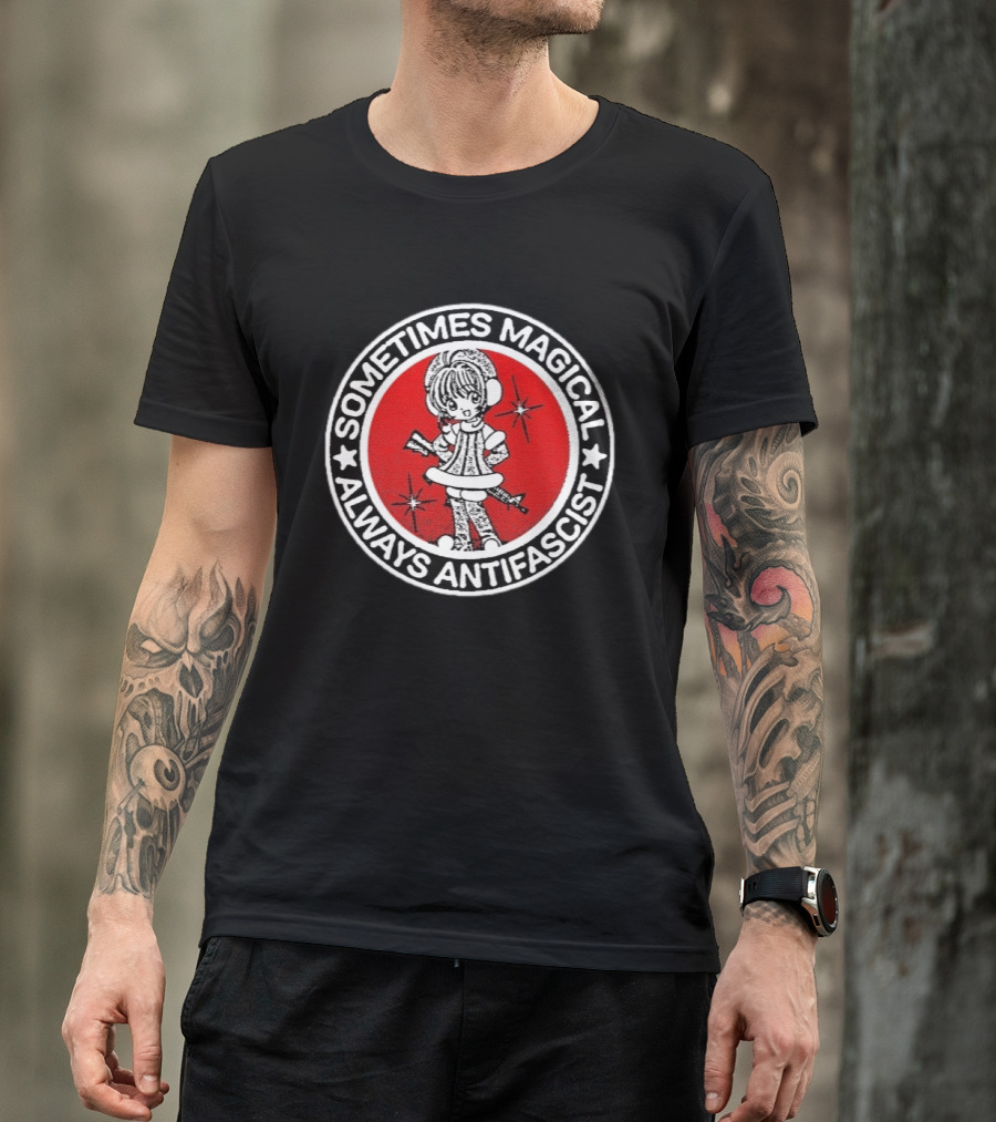 Sometimes Magical Always Antifascist With Starry Cartoon Character In Red Circle T-Shirt