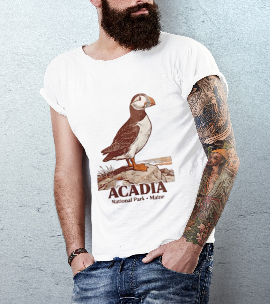 Acadia National Park Maine Puffin Standing On Rock T-Shirt