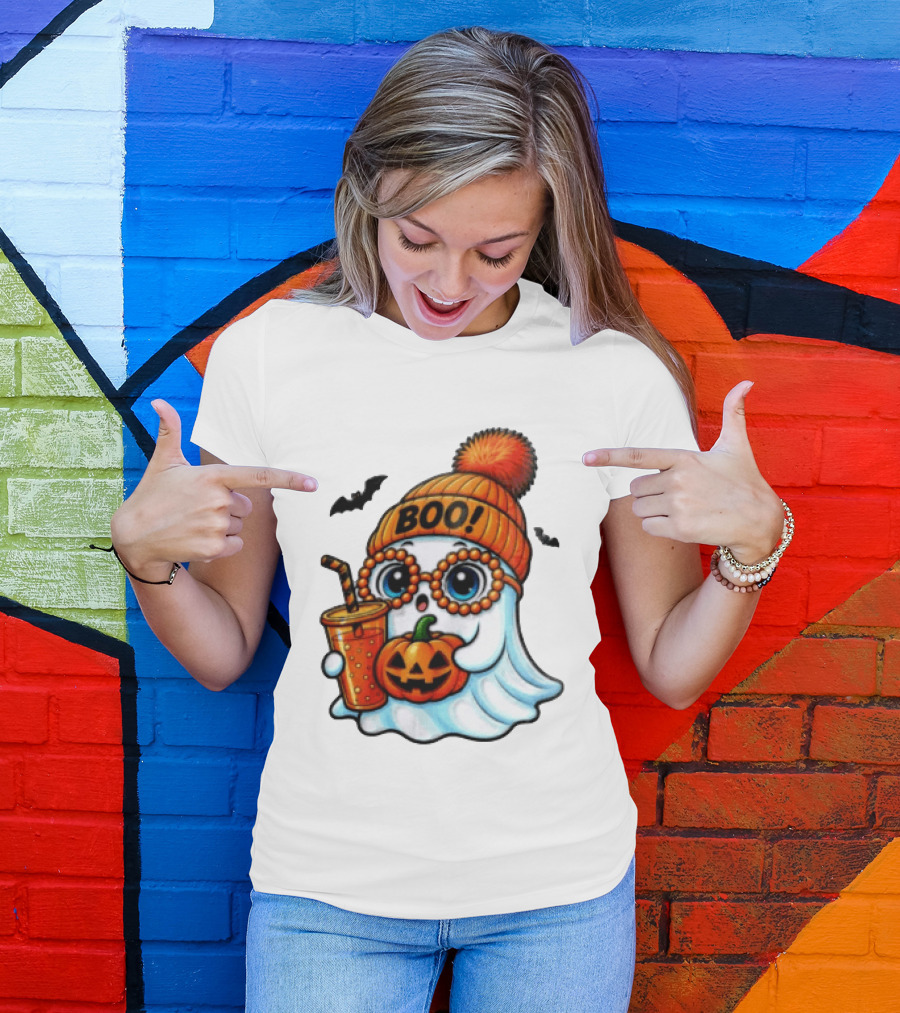 BOO Halloween Ghost With Pumpkin And Drink Spooky Fall Vibes T-Shirt