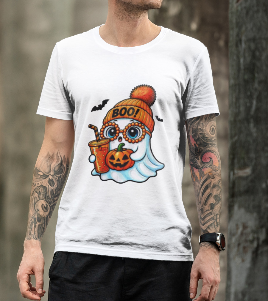 BOO Halloween Ghost With Pumpkin And Drink Spooky Fall Vibes T-Shirt