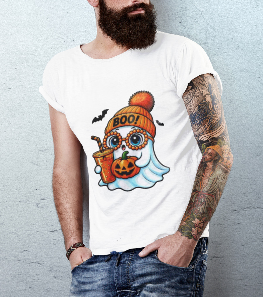 BOO Halloween Ghost With Pumpkin And Drink Spooky Fall Vibes T-Shirt