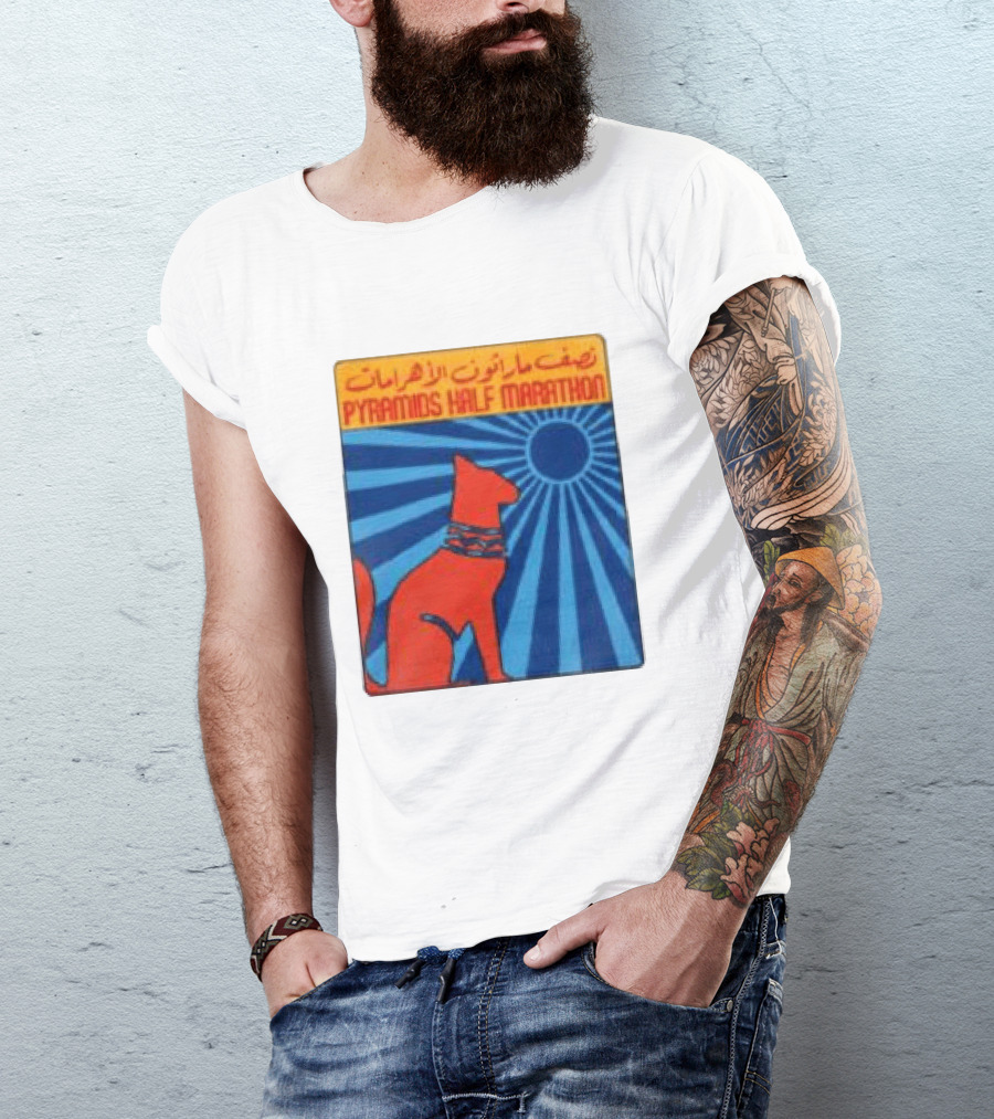Pyramids Half Marathon Egypt Cat Sunburst Arabic T-Shirt