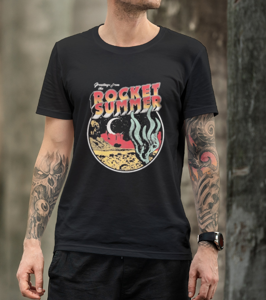Greetings From The Rocket Summer Desert Moonlight Scene T-Shirt