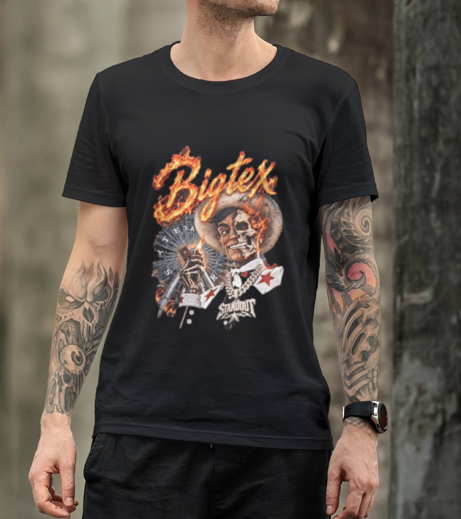 Big Tex Skeleton Cowboy Flaming Hat Texas Star Ferris Wheel T-Shirt
