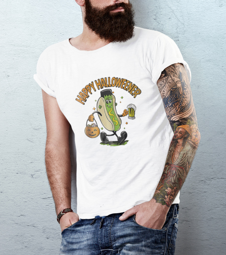 Happy Halloweener Frankenstein Hot Dog With Beer And Pumpkin Bucket T-Shirt