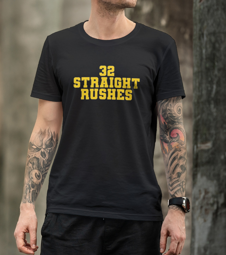 32 Straight Rushes Football Marathon Yellow Athletic Varsity T-Shirt