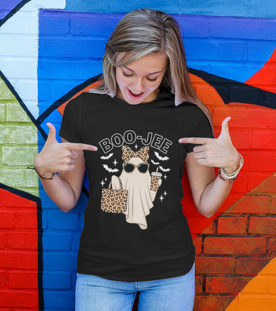 Boo Jee Stylish Ghost With Leopard Print Accessories And Bats T-Shirt