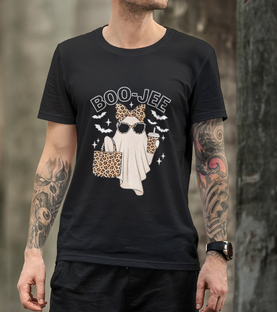 Boo Jee Stylish Ghost With Leopard Print Accessories And Bats T-Shirt