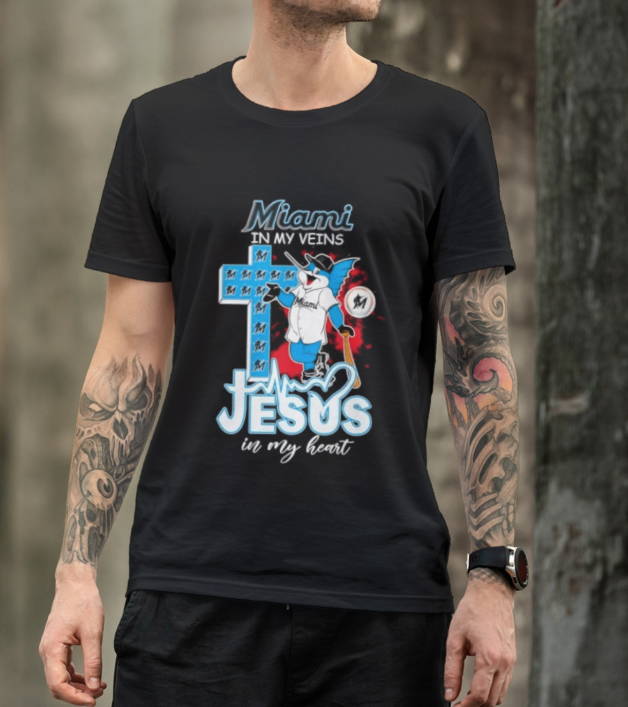 Miami Marlins In My Veins Jesus In My Heart Cross Baseball T-Shirt