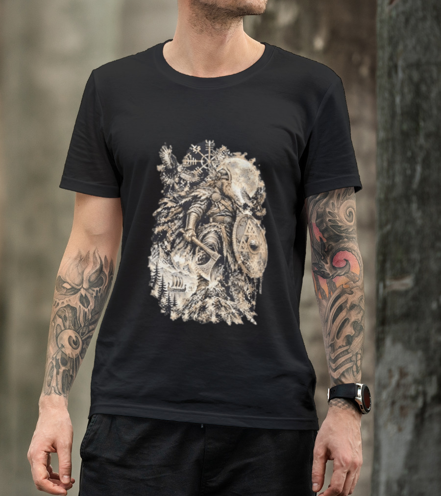 Norse God Viking Warrior Axe Valknut Symbol Raven Longship T-Shirt