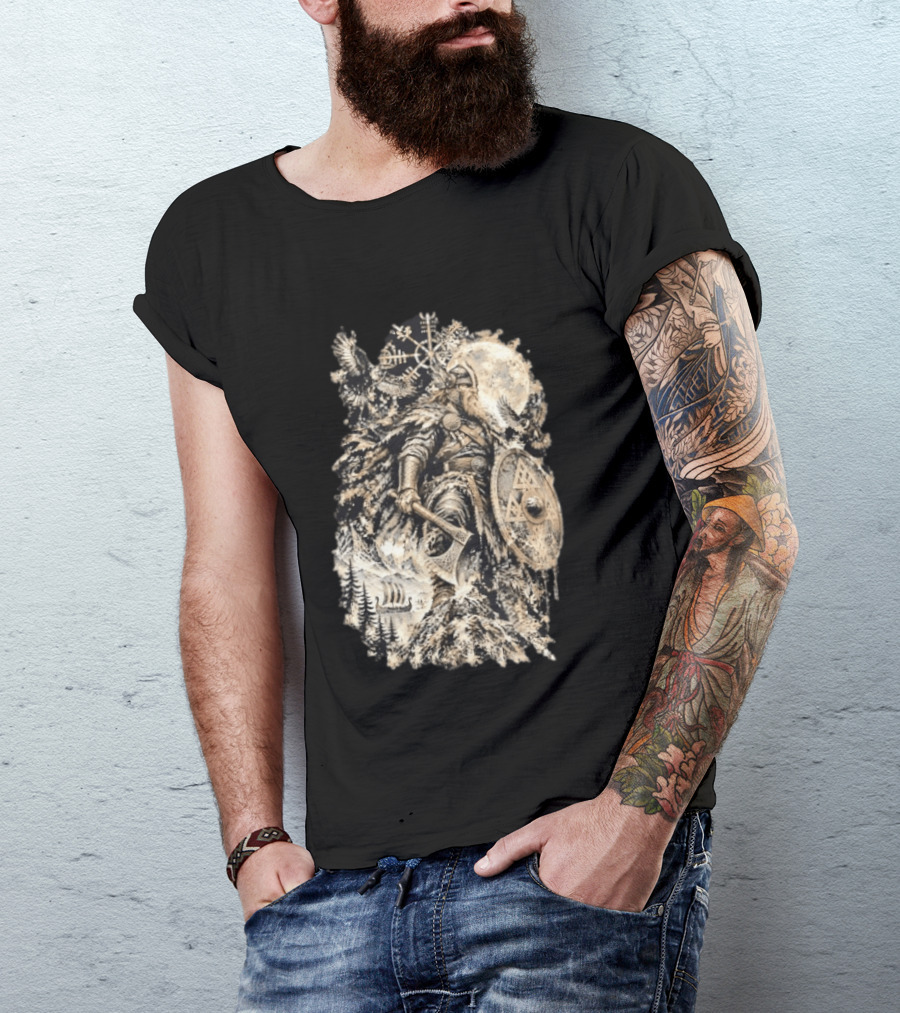 Norse God Viking Warrior Axe Valknut Symbol Raven Longship T-Shirt