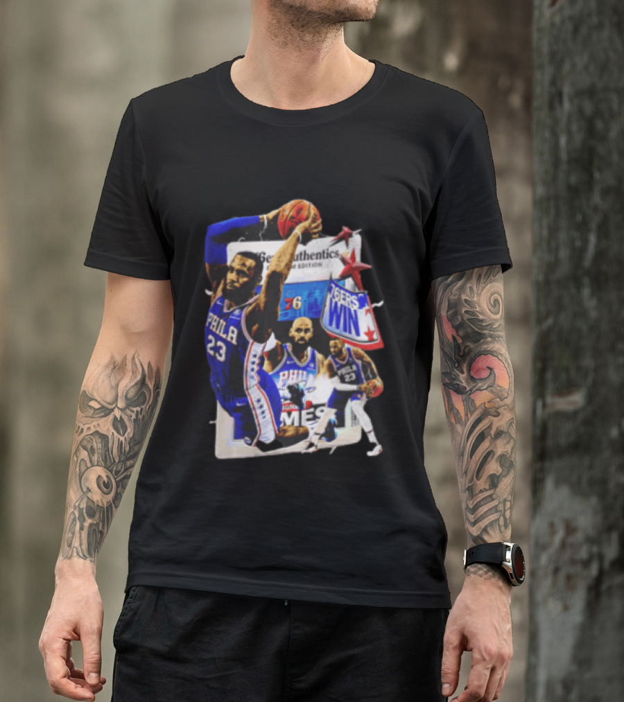 Philadelphia 76ers Lebron James Dunking Collage 76ers Win Edition T-Shirt