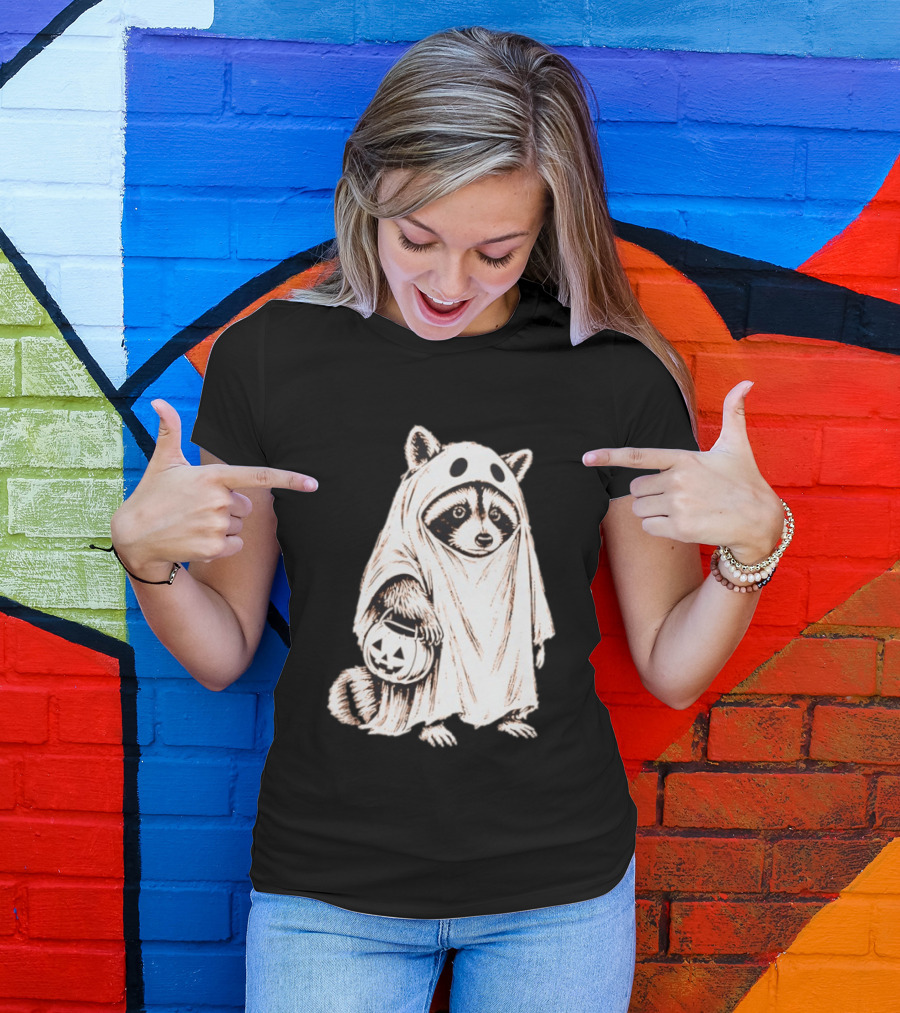 Raccoon Ghost Holding Pumpkin Bucket Halloween 2026 T-Shirt