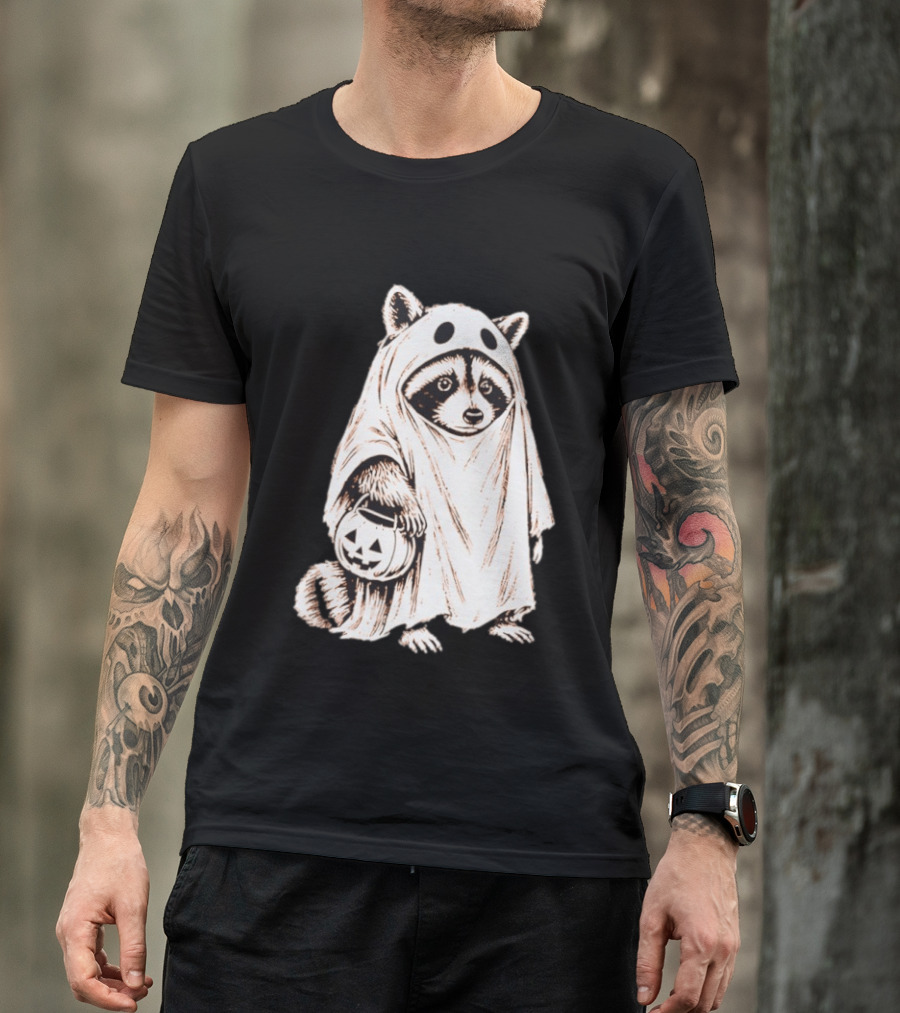 Raccoon Ghost Holding Pumpkin Bucket Halloween 2026 T-Shirt