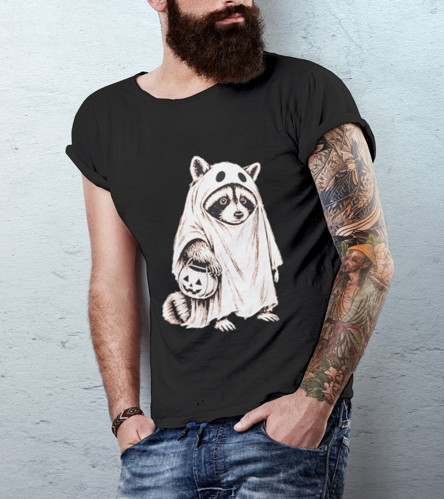 Raccoon Ghost Holding Pumpkin Bucket Halloween 2026 T-Shirt