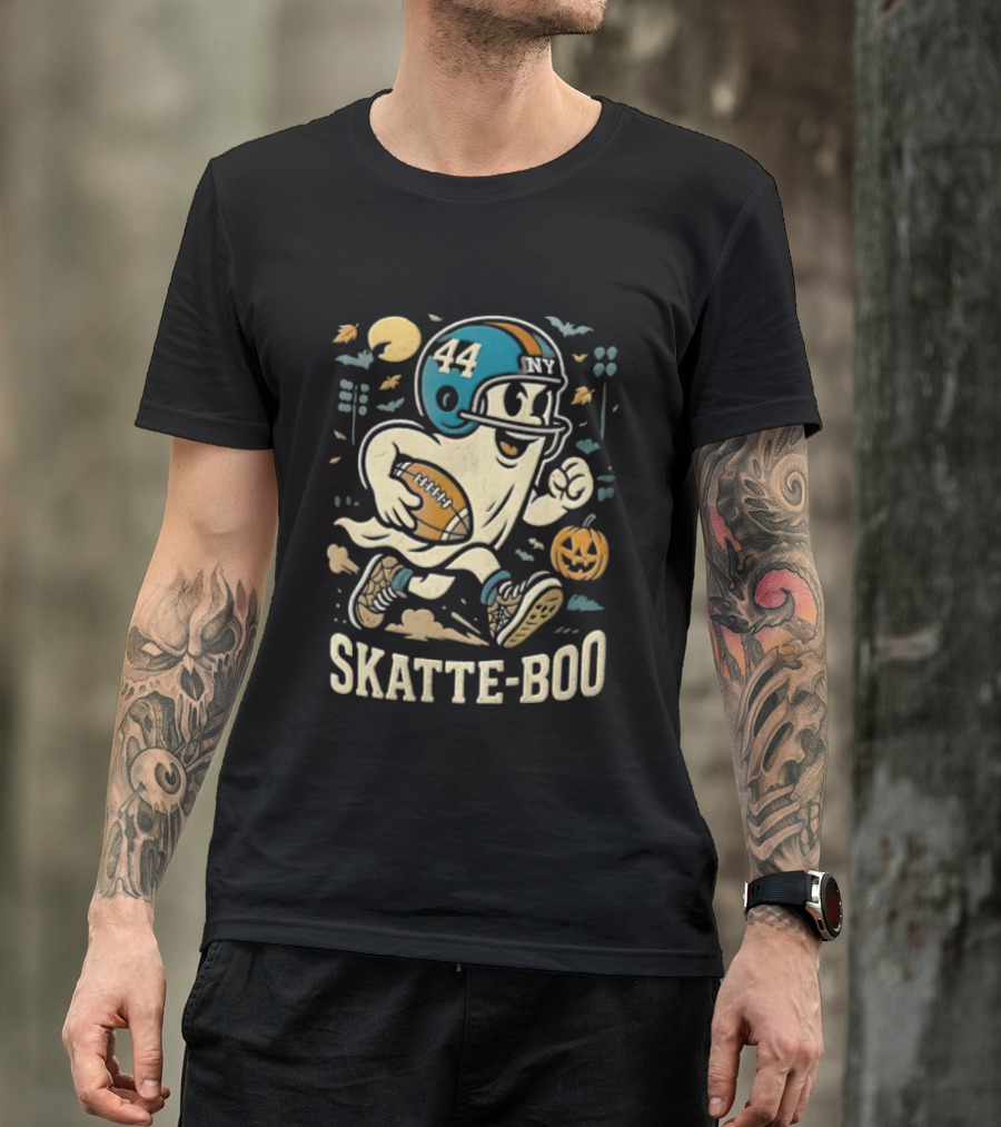 SKATTE BOO Football Helmet 44 Halloween Ghost Pumpkin T-Shirt