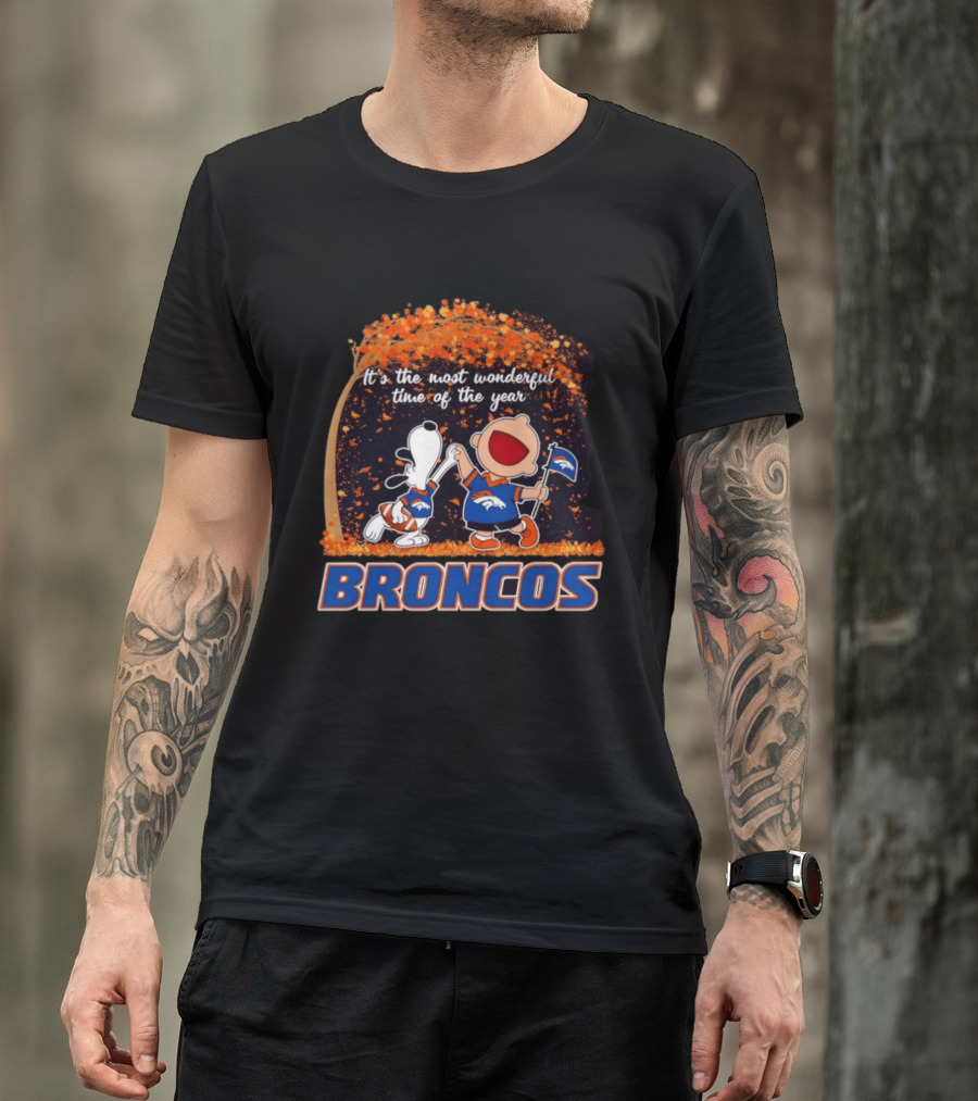 Snoopy And Charlie Brown Celebrating Denver Broncos It's The Most Wonderful Time Of The Year T-Shirt