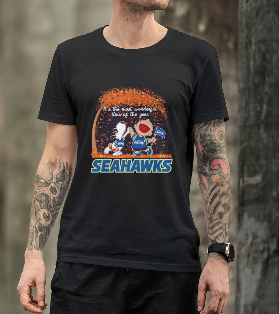 Snoopy And Charlie Brown Dancing Seattle Seahawks The Most Wonderful Time Of The Year T-Shirt