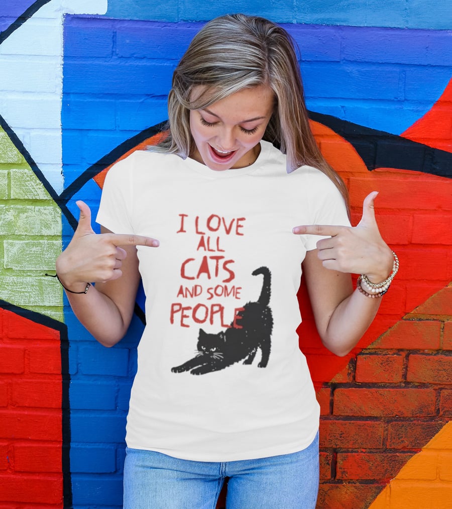 I Love All Cats And Some People Funny Cat Lovers Stretching Black Cat T-Shirt