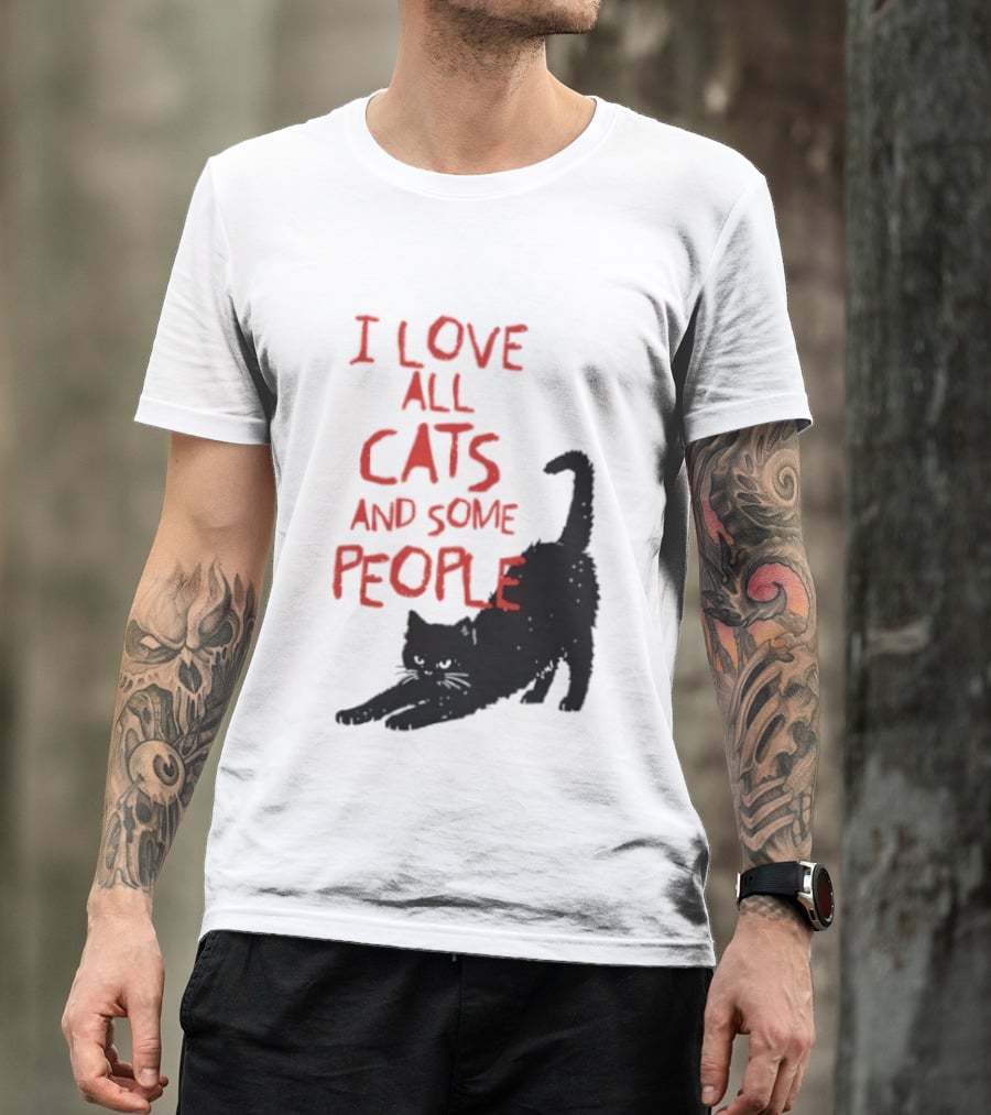 I Love All Cats And Some People Funny Cat Lovers Stretching Black Cat T-Shirt