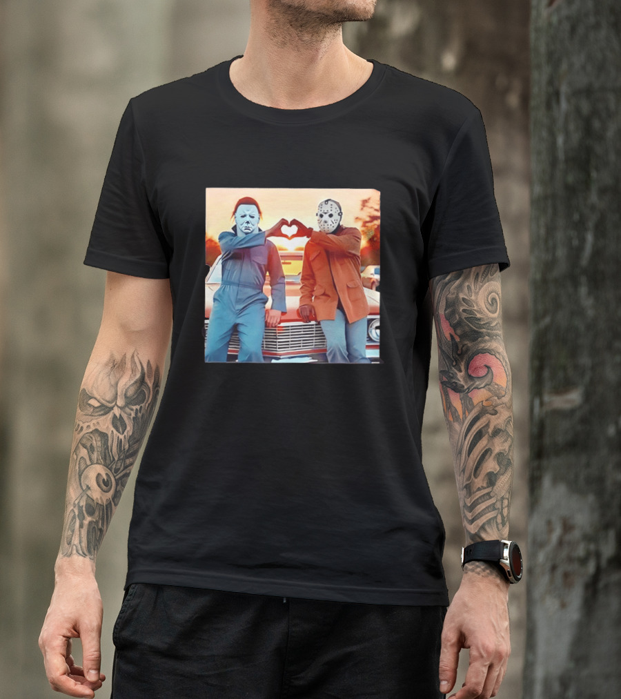 Jason Voorhees Michael Myers Heart Sign Halloween Retro Car Sunset T-Shirt