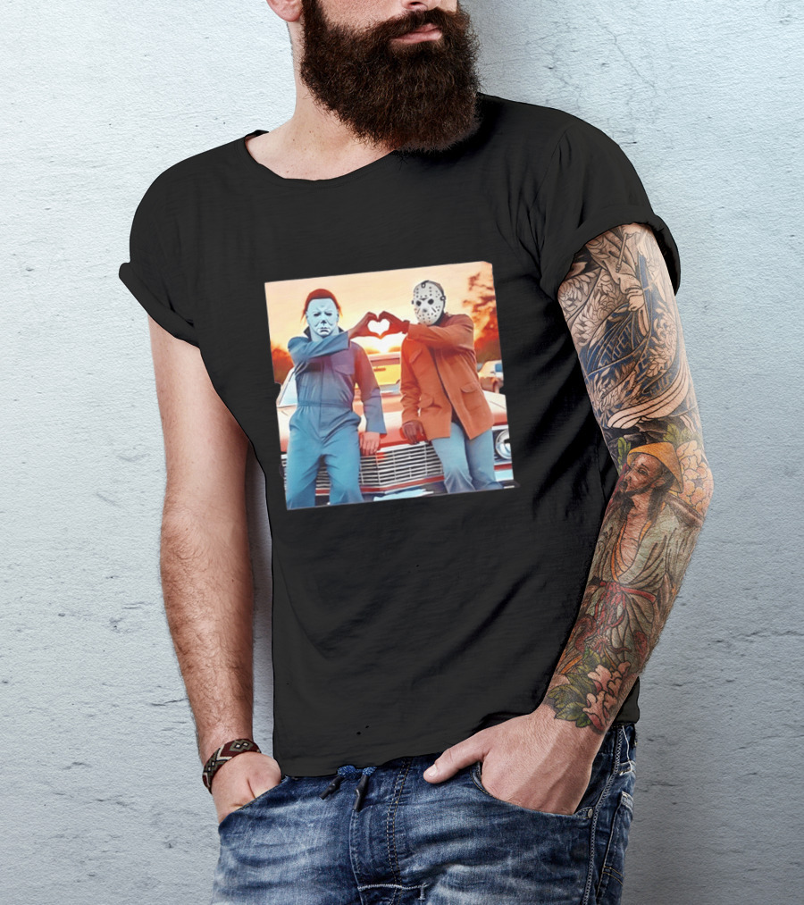 Jason Voorhees Michael Myers Heart Sign Halloween Retro Car Sunset T-Shirt