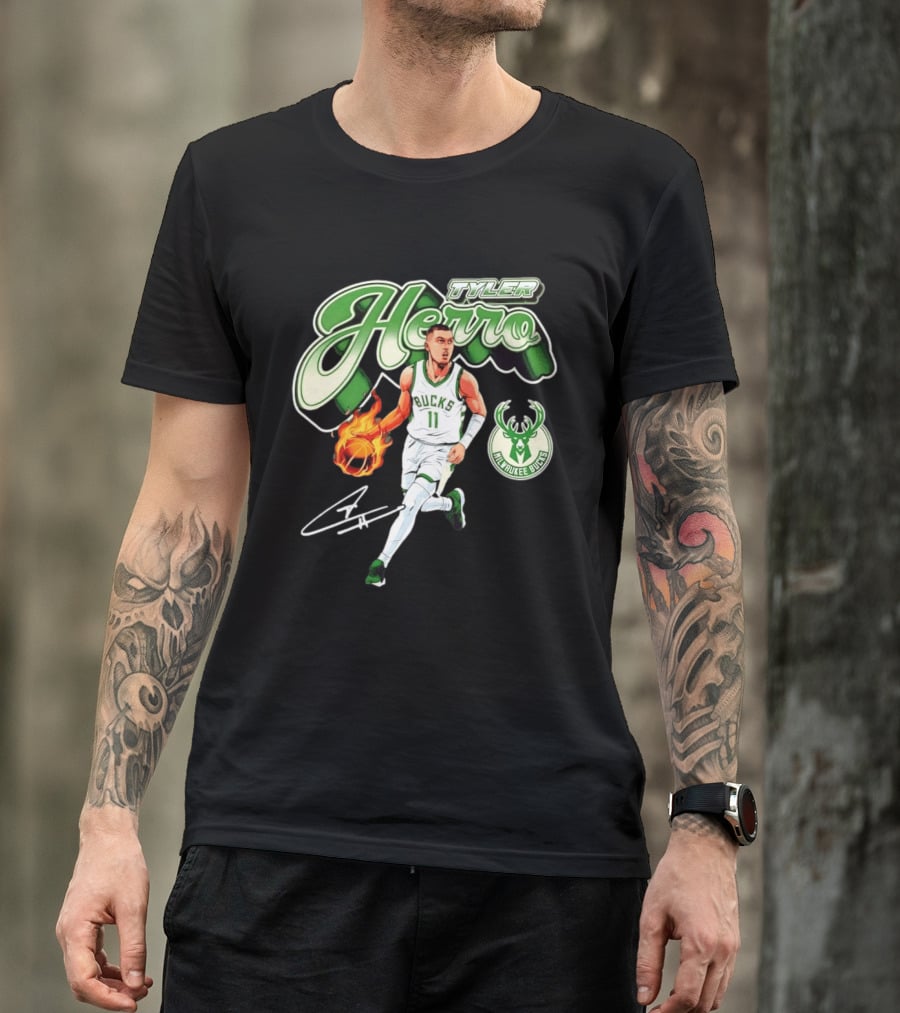 Tyler Herro Milwaukee Bucks Basketball Fireball Cursive Script T-Shirt