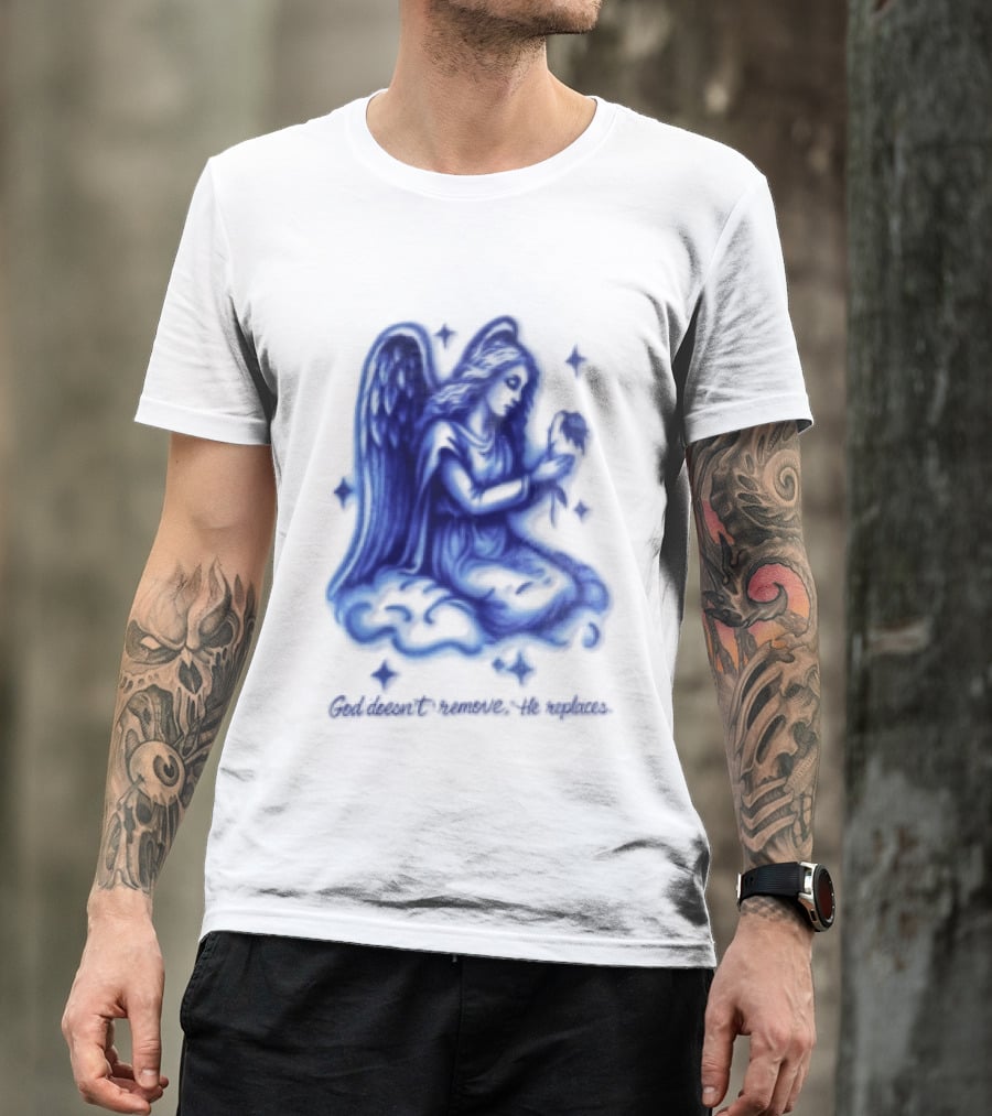 Angel Kneeling On Cloud Holding Flower God Does Not Remove He Replaces T-Shirt