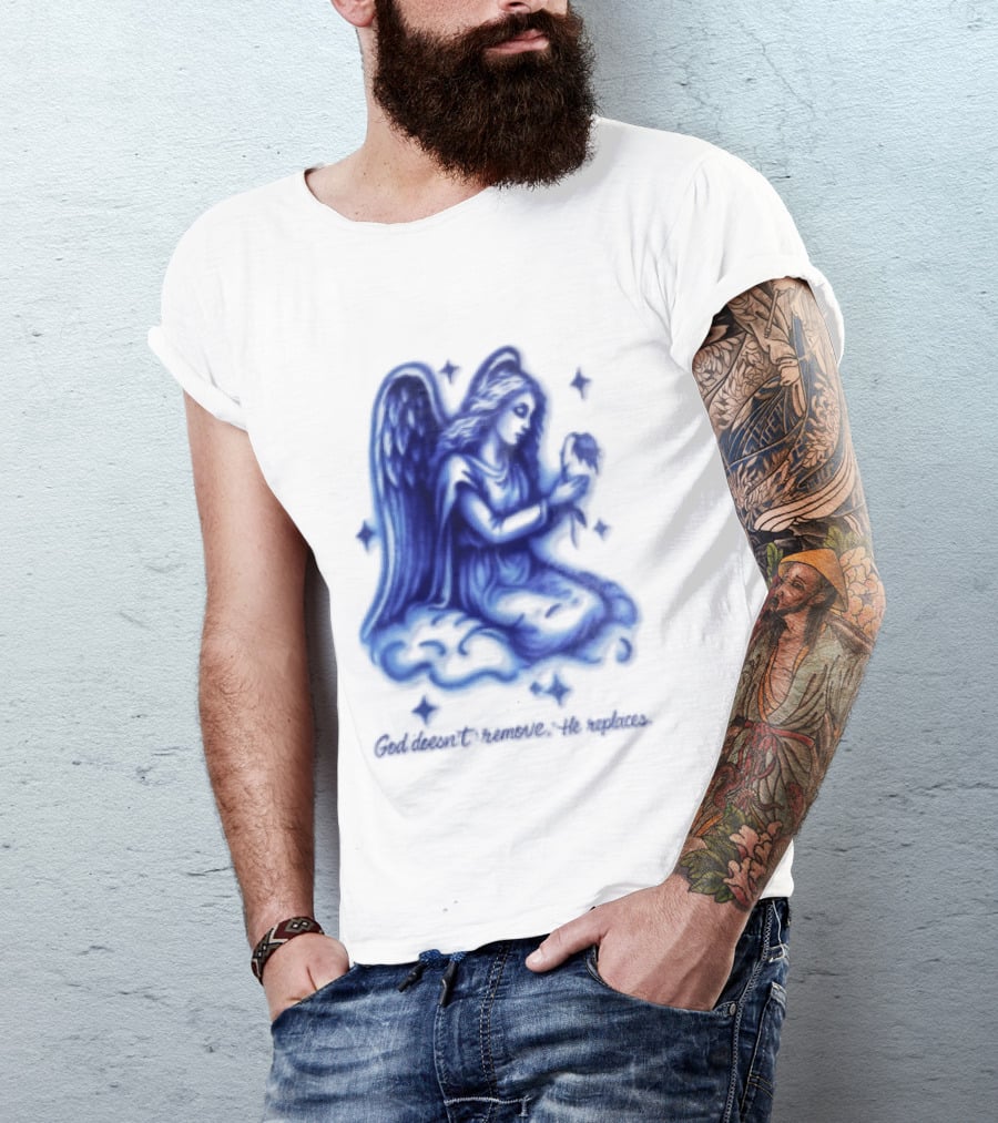 Angel Kneeling On Cloud Holding Flower God Does Not Remove He Replaces T-Shirt