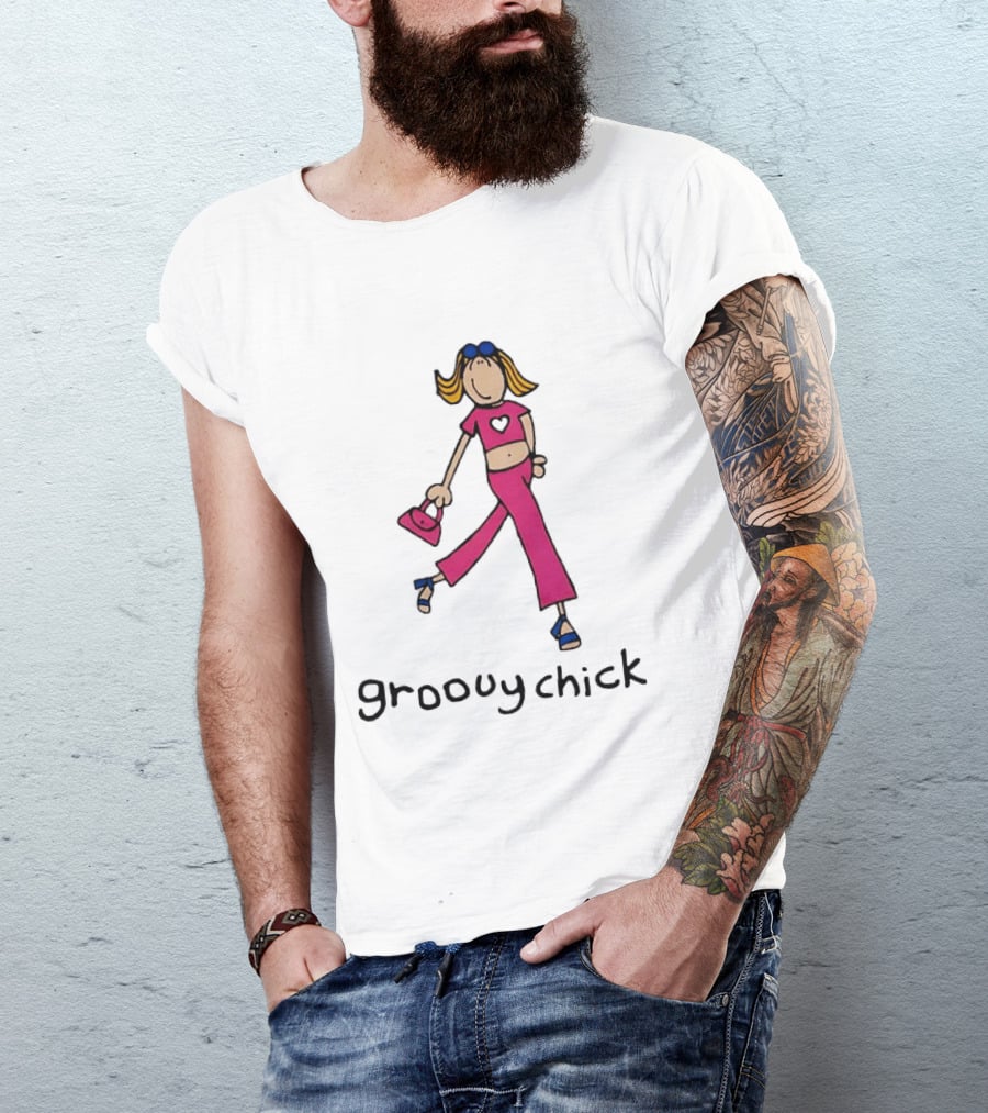 Groovy Chick Cartoon Character With Pink Heart Outfit And Bag T-Shirt