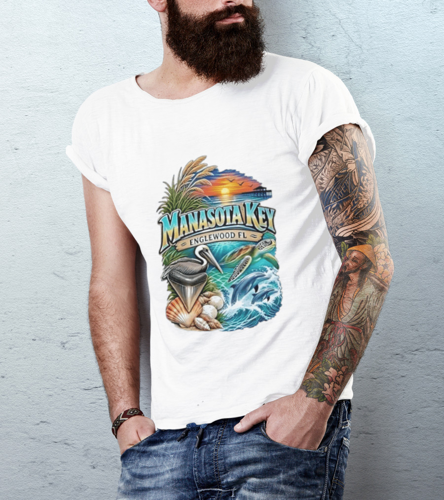 Manasota Key Englewood FL Beach Scene With Pelican Dolphins Shells And Sunset T-Shirt