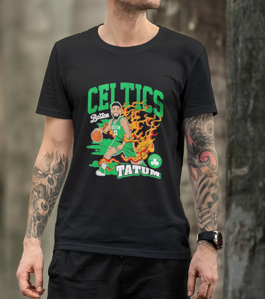 Boston Celtics Jayson Tatum Fired Up Basketball Flames T-Shirt