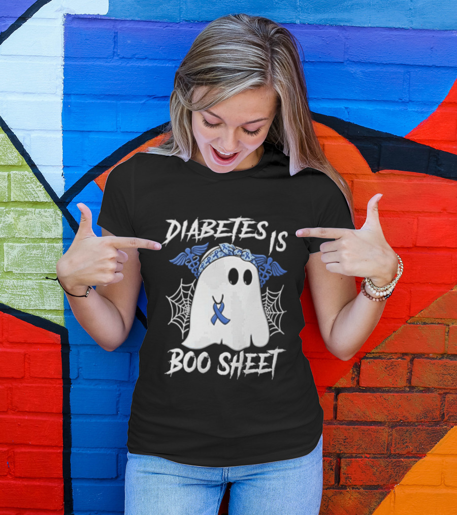 Diabetes IS BOO Sheet Ghost With Blue Ribbon Headband Halloween T-Shirt