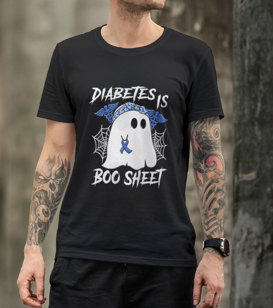 Diabetes IS BOO Sheet Ghost With Blue Ribbon Headband Halloween T-Shirt