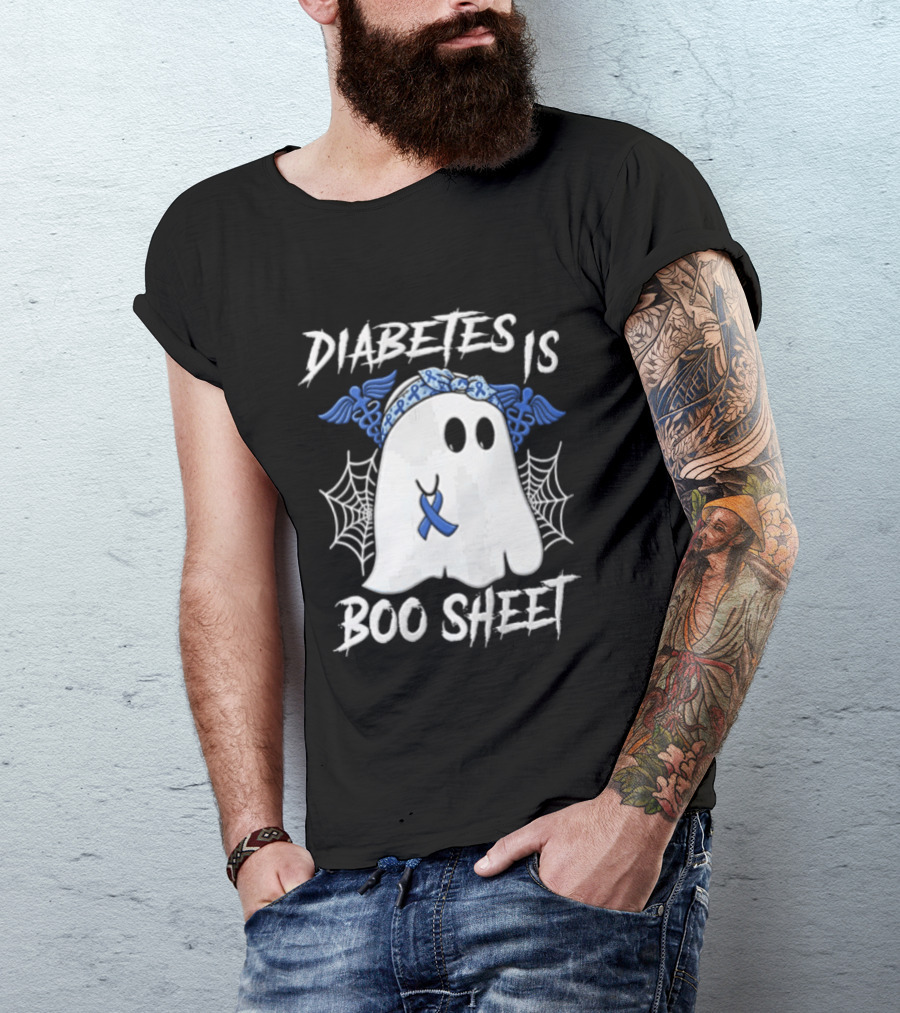 Diabetes IS BOO Sheet Ghost With Blue Ribbon Headband Halloween T-Shirt